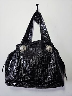 Vintage Arnold Churgin Embossed Crocodille Leather Tote Bag Black Purse Large